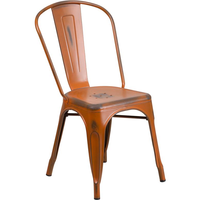 Commercial Grade Distressed Orange Metal Indoor-Outdoor Stackable Chair By Flash Furniture | Dining Chairs | Modishstore - 1
