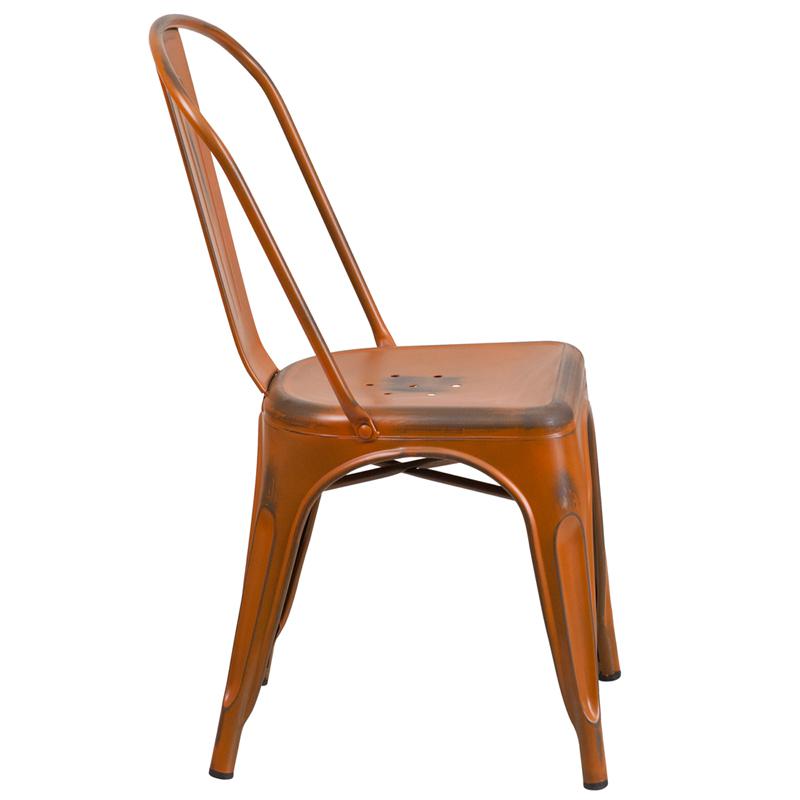 Commercial Grade Distressed Orange Metal Indoor-Outdoor Stackable Chair By Flash Furniture | Dining Chairs | Modishstore - 2