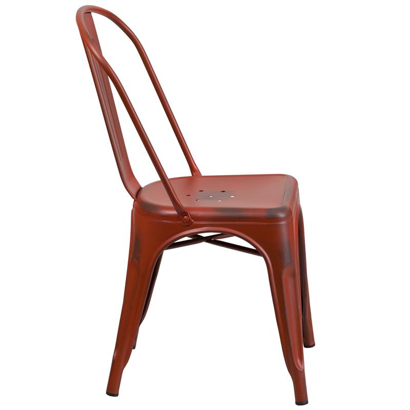 Commercial Grade Distressed Kelly Red Metal Indoor-Outdoor Stackable Chair By Flash Furniture | Dining Chairs | Modishstore - 2