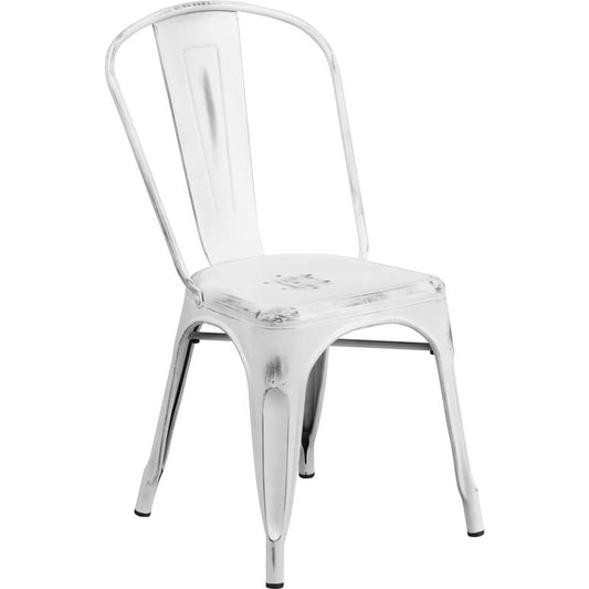Commercial Grade Distressed White Metal Indoor-Outdoor Stackable Chair By Flash Furniture | Dining Chairs | Modishstore - 1
