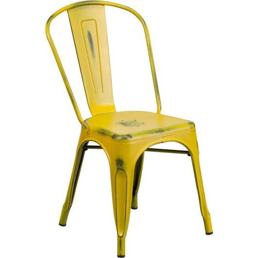 Commercial Grade Distressed Yellow Metal Indoor-Outdoor Stackable Chair By Flash Furniture | Dining Chairs | Modishstore - 1