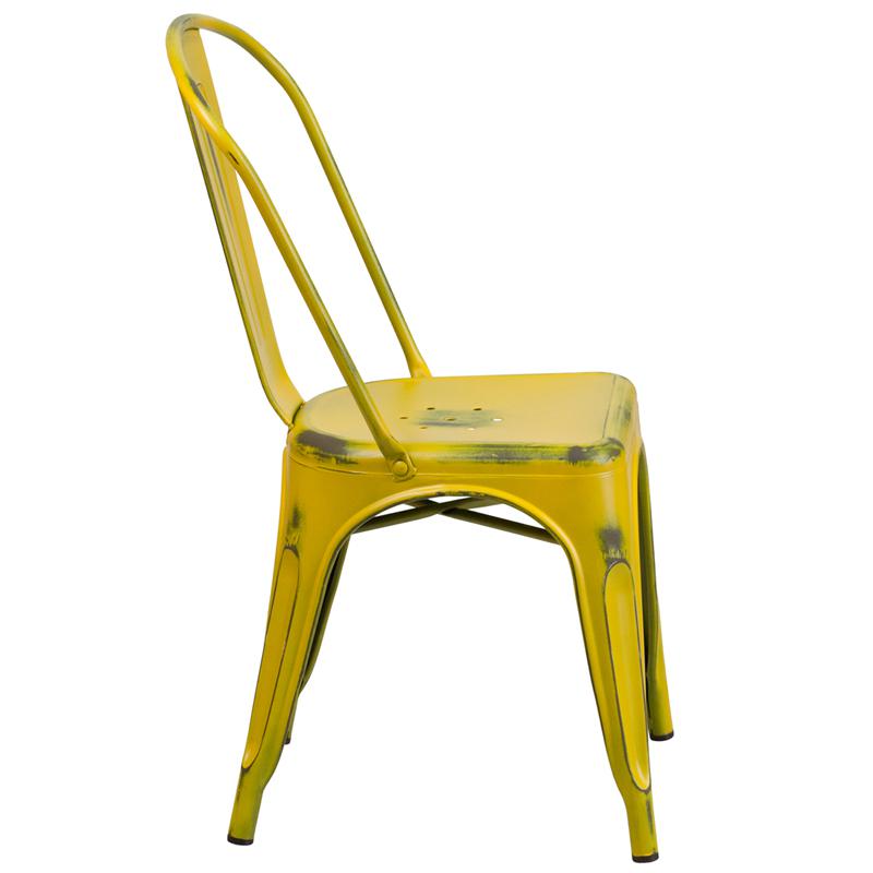 Commercial Grade Distressed Yellow Metal Indoor-Outdoor Stackable Chair By Flash Furniture | Dining Chairs | Modishstore - 2