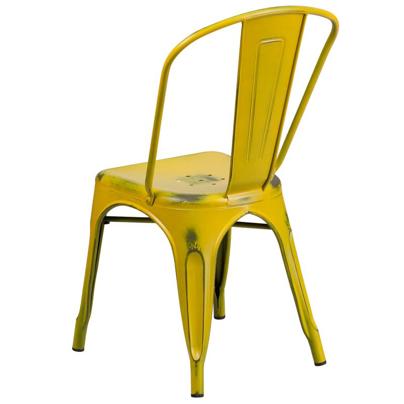 Commercial Grade Distressed Yellow Metal Indoor-Outdoor Stackable Chair By Flash Furniture | Dining Chairs | Modishstore - 3