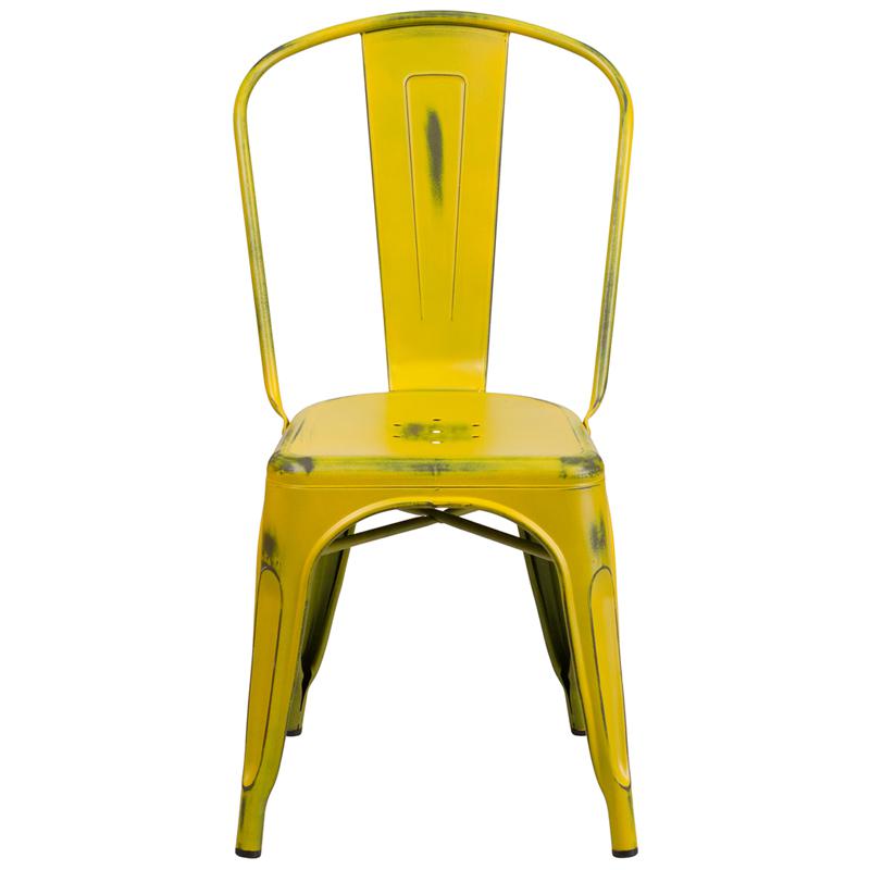 Commercial Grade Distressed Yellow Metal Indoor-Outdoor Stackable Chair By Flash Furniture | Dining Chairs | Modishstore - 4