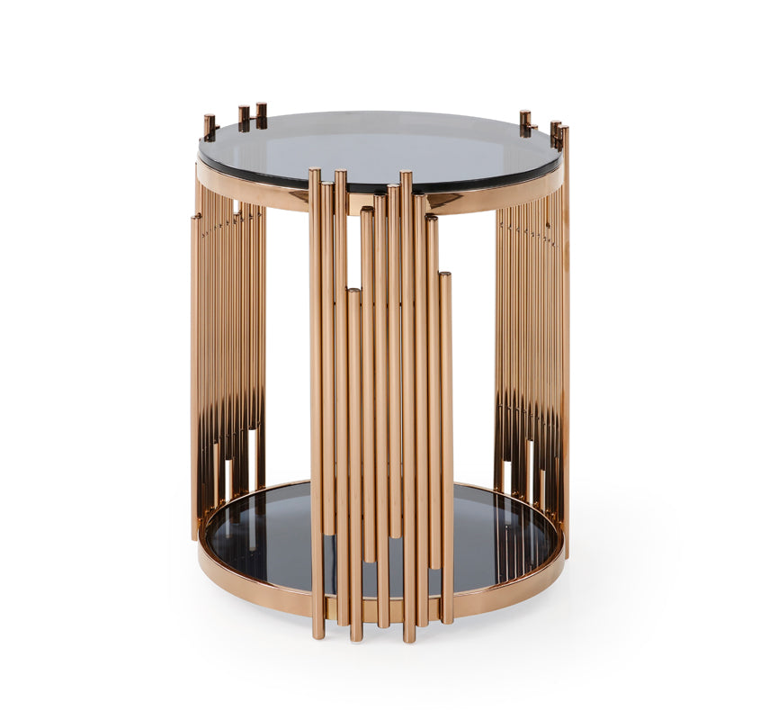 Modrest Bryce Modern Smoked Glass & Rosegold Round End Table | End Tables | Modishstore - 2