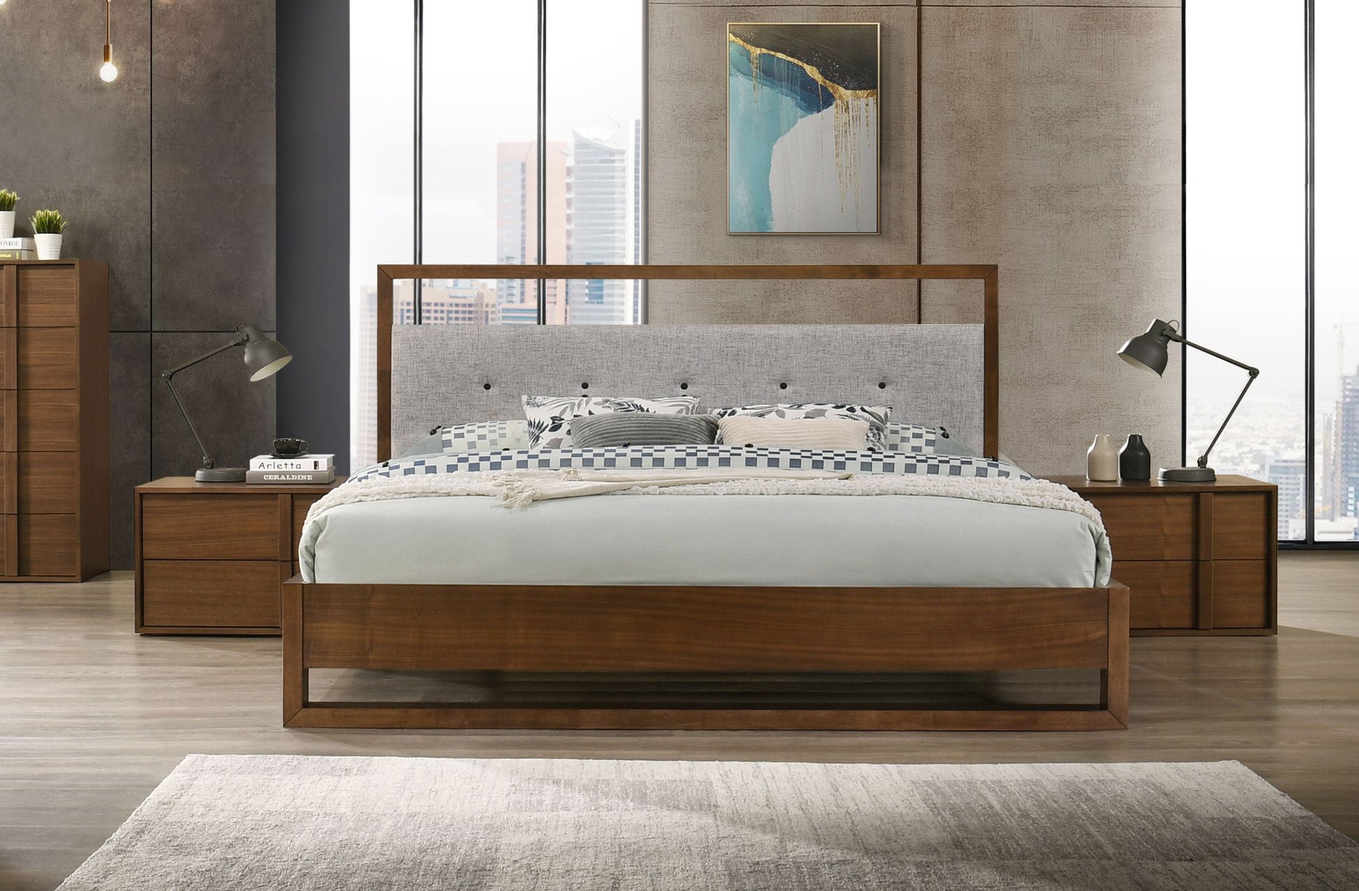 Nova Domus Falcor - Modern Grey Fabric & Walnut Veneer Bed-2