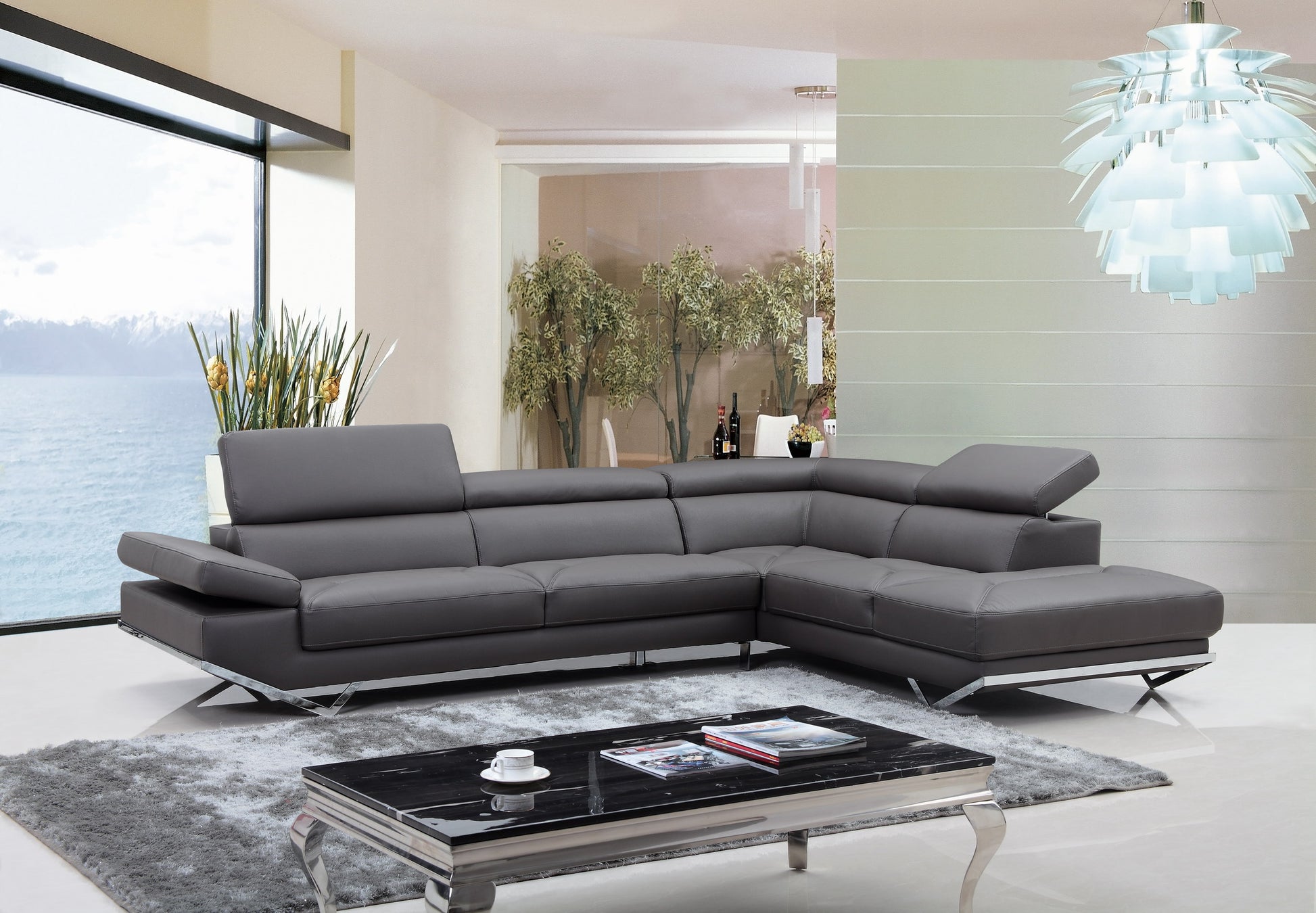Divani Casa Quebec Modern Dark Grey Eco-Leather Sectional Sofa | Modishstore | Sofas