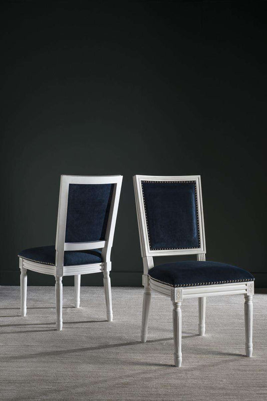 Safavieh Buchanan 19''H French Brasserie Velvet Rect Side Chair Set Of 2 - Silver Nail Heads Navy Velvet | Dining Chairs | Modishstore