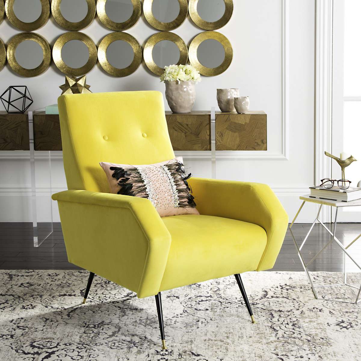 Safavieh Aida Velvet Retro Mid Century Accent Chair - Yellow Velvet | Accent Chairs | Modishstore