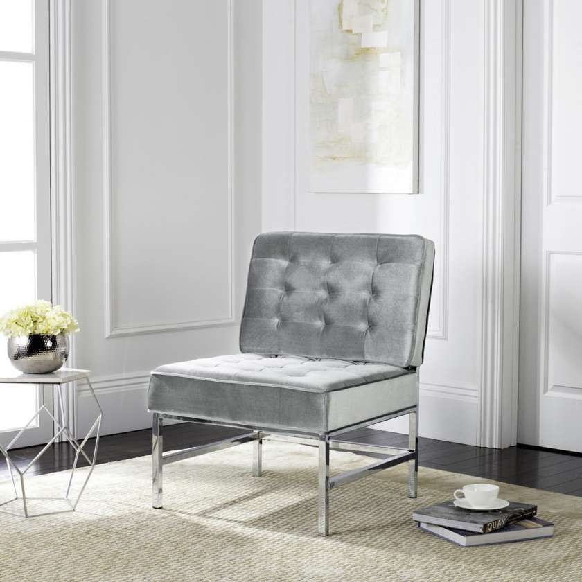 Safavieh Ansel Modern Tufted Linen Chrome Accent Chair | Accent Chairs | Modishstore - 1
