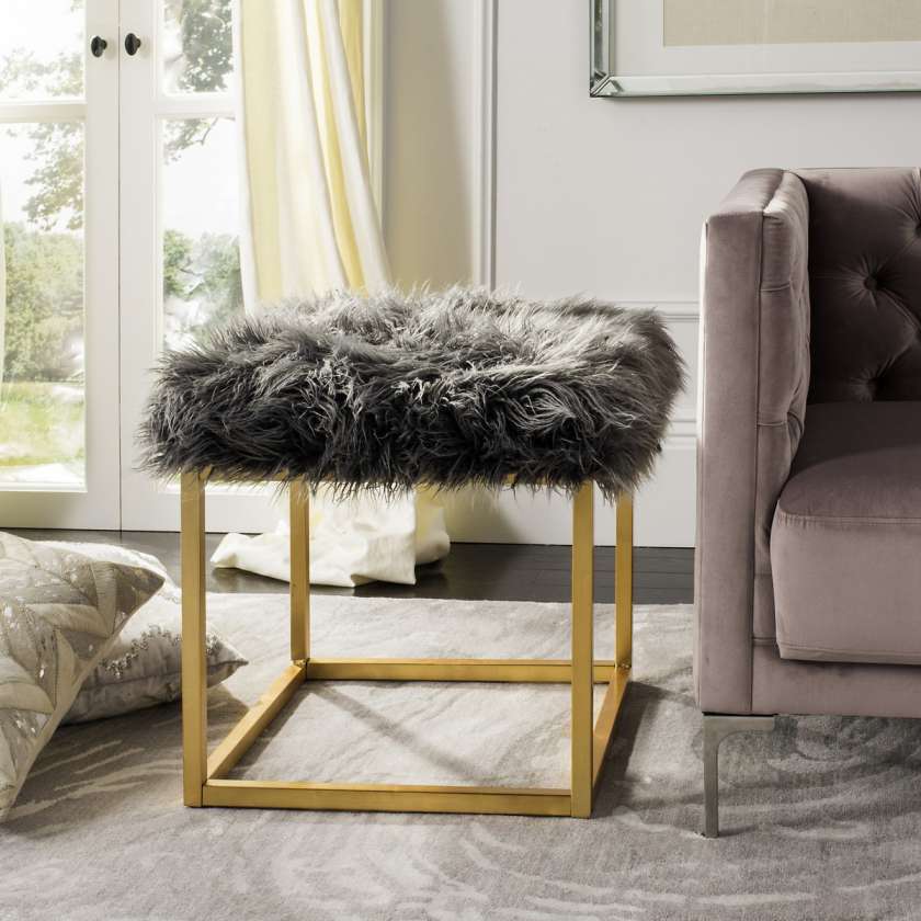 Safavieh Rowan Contemporary Glam Faux Sheepkin Square Ottoman | Ottomans | Modishstore - 2