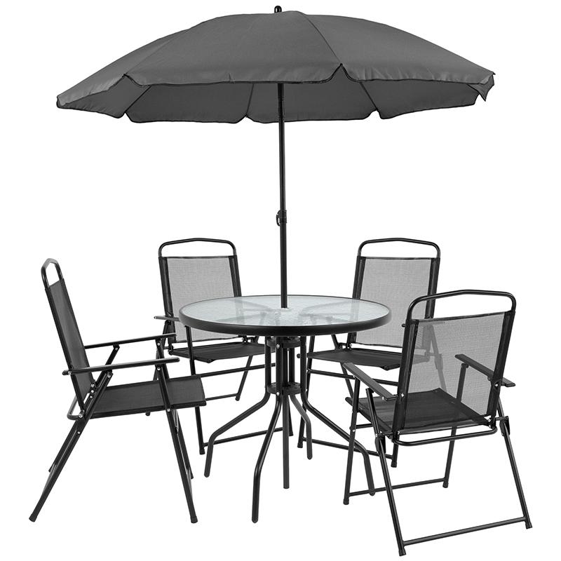 Nantucket 6 Piece Black Patio Garden Set With Table, Umbrella And 4 Folding Chairs By Flash Furniture | Outdoor Dining Sets | Modishstore - 2