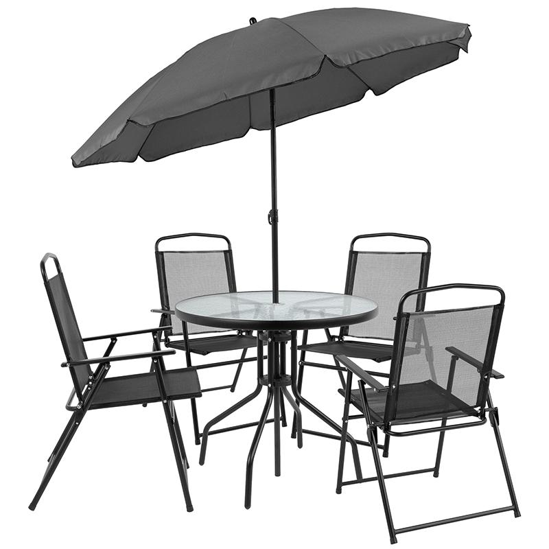 Nantucket 6 Piece Black Patio Garden Set With Table, Umbrella And 4 Folding Chairs By Flash Furniture | Outdoor Dining Sets | Modishstore - 3