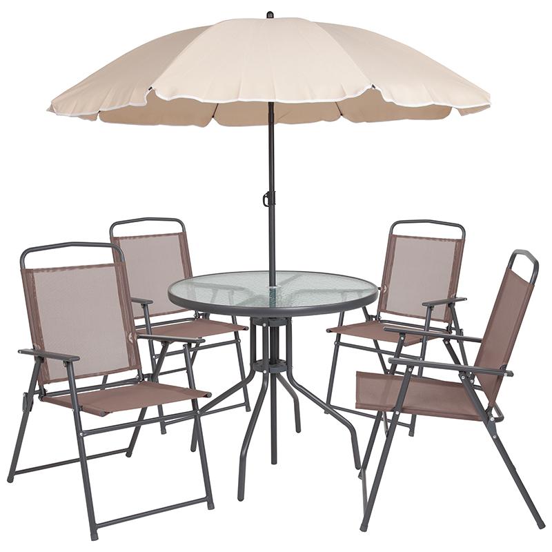 Nantucket 6 Piece Brown Patio Garden Set With Table, Tan Umbrella And 4 Folding Chairs By Flash Furniture | Outdoor Dining Sets | Modishstore - 2