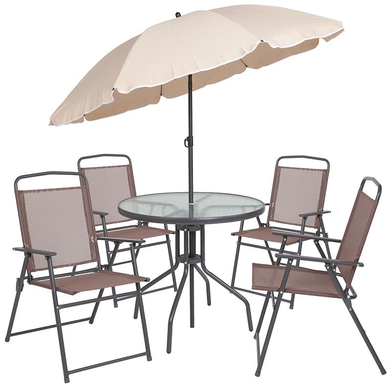 Nantucket 6 Piece Brown Patio Garden Set With Table, Tan Umbrella And 4 Folding Chairs By Flash Furniture | Outdoor Dining Sets | Modishstore - 3