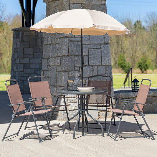 Nantucket 6 Piece Brown Patio Garden Set With Table, Tan Umbrella And 4 Folding Chairs By Flash Furniture | Outdoor Dining Sets | Modishstore