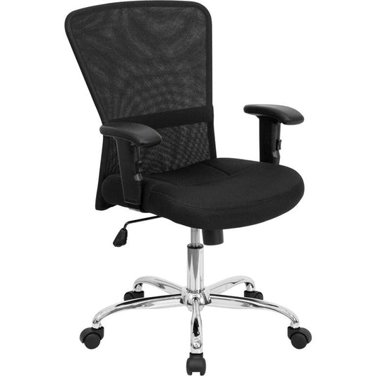 Mid-Back Black Mesh Contemporary Swivel Task Office Chair With Chrome Base And Adjustable Arms By Flash Furniture | Office Chairs | Modishstore