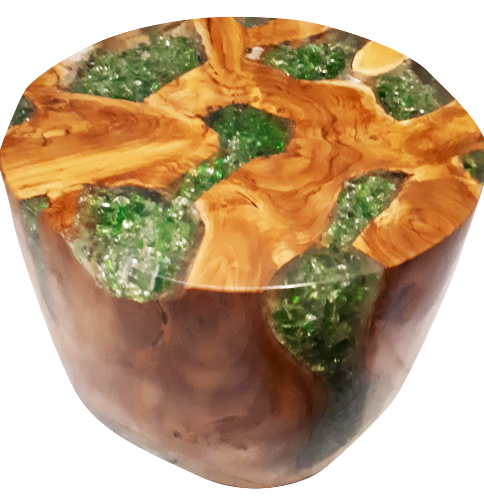 Teak Root & Cracked Resin Round Stool- Green | Stools | Modishstore - 5