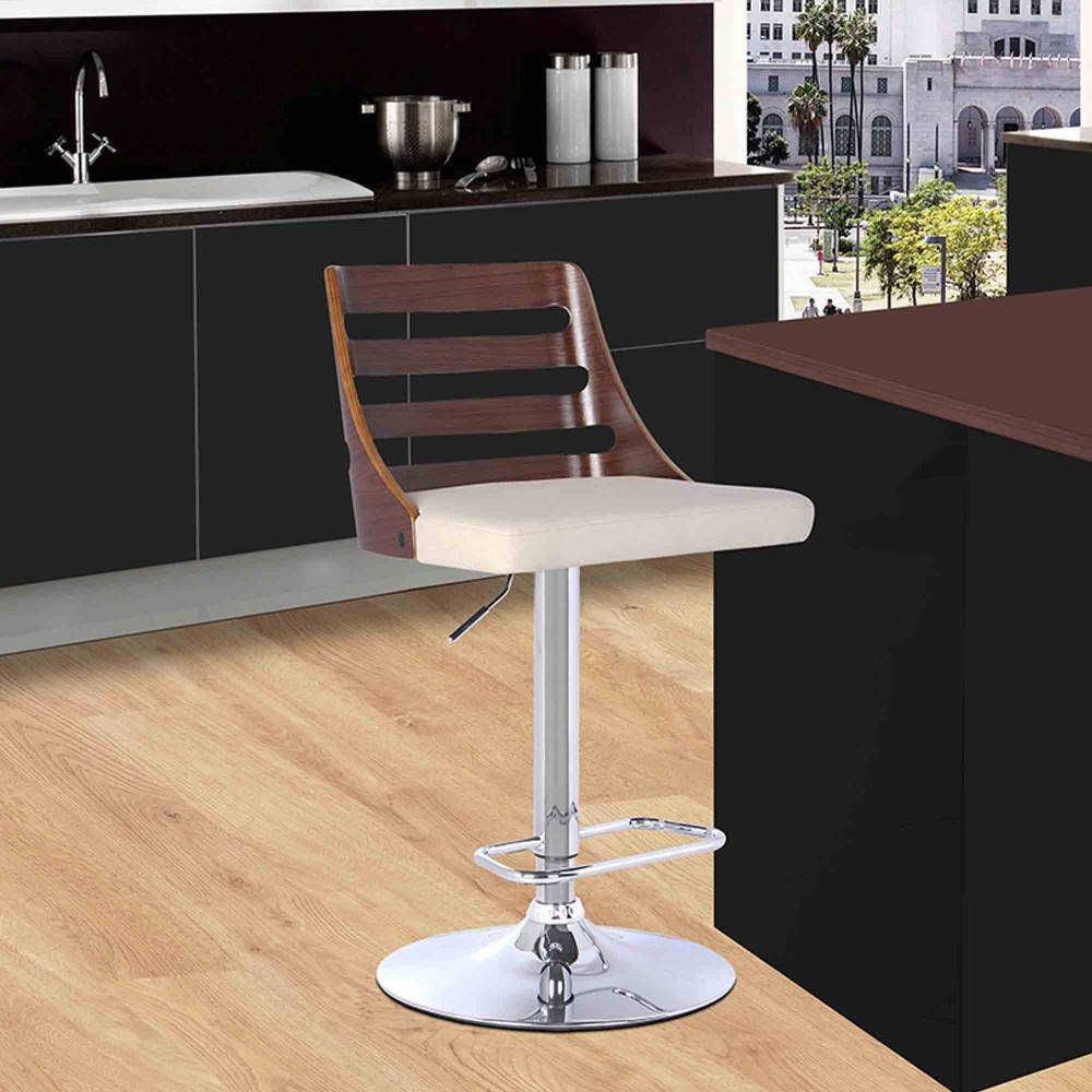 Storm Barstool in Chrome finish with Walnut wood and Cream Faux Leather By Armen Living | Bar Stools | Modishstore
