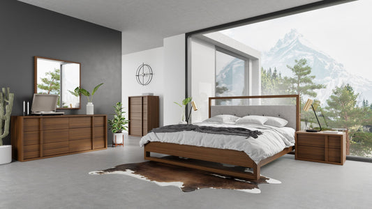 Nova Domus Falcor - Modern Grey Fabric & Walnut Veneer Bed | Modishstore | Beds