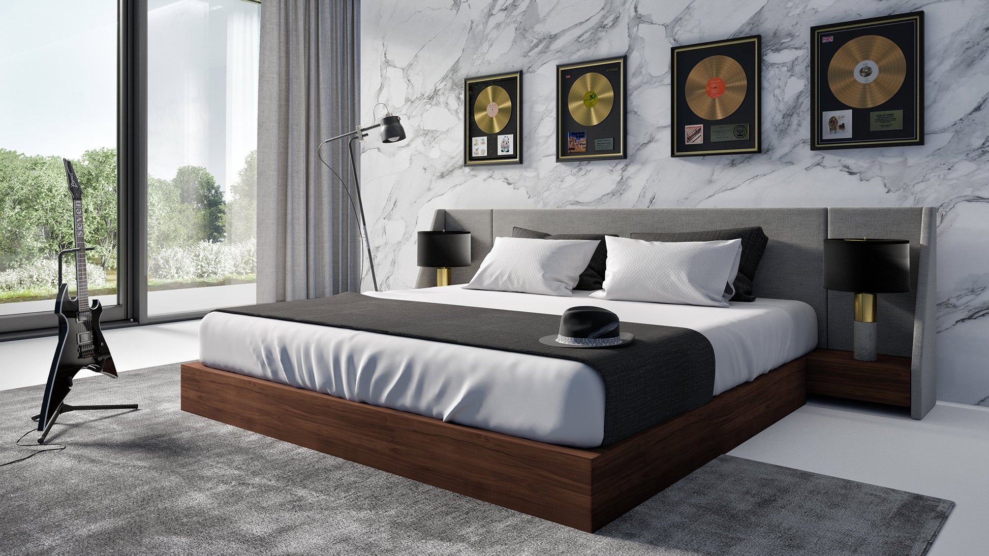 Nova Domus Janice - Modern Grey Fabric and Walnut Bed and Nightstands | Beds | Modishstore - 2