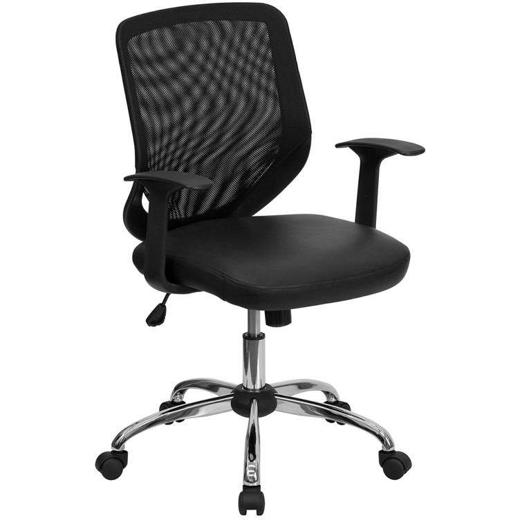 Mid-Back Black Mesh Tapered Back Swivel Task Office Chair With Leathersoft Seat, Chrome Base And T-Arms By Flash Furniture | Office Chairs | Modishstore - 1