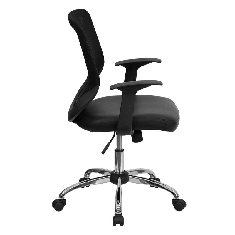 Mid-Back Black Mesh Tapered Back Swivel Task Office Chair With Leathersoft Seat, Chrome Base And T-Arms By Flash Furniture | Office Chairs | Modishstore - 2