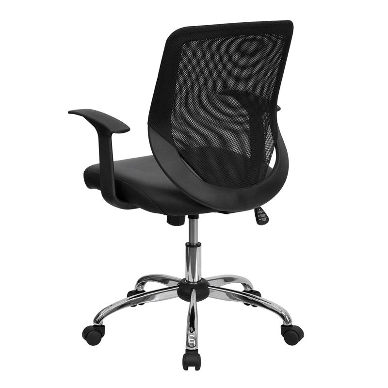 Mid-Back Black Mesh Tapered Back Swivel Task Office Chair With Leathersoft Seat, Chrome Base And T-Arms By Flash Furniture | Office Chairs | Modishstore - 3
