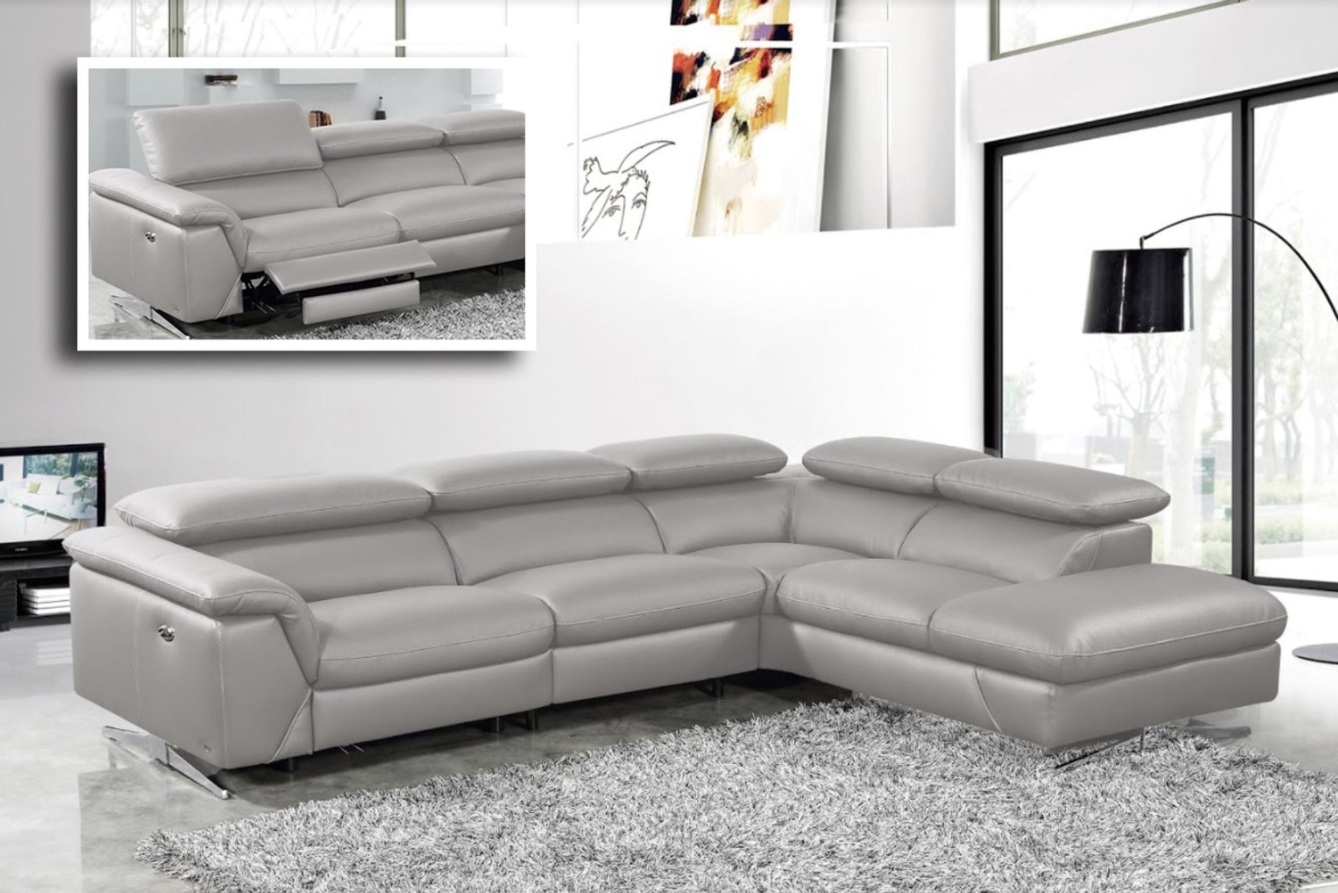Divani Casa Maine - Modern Medium Grey Eco-Leather RAF Chaise Sectional Sofa w/ Recliner | Modishstore | Sofas