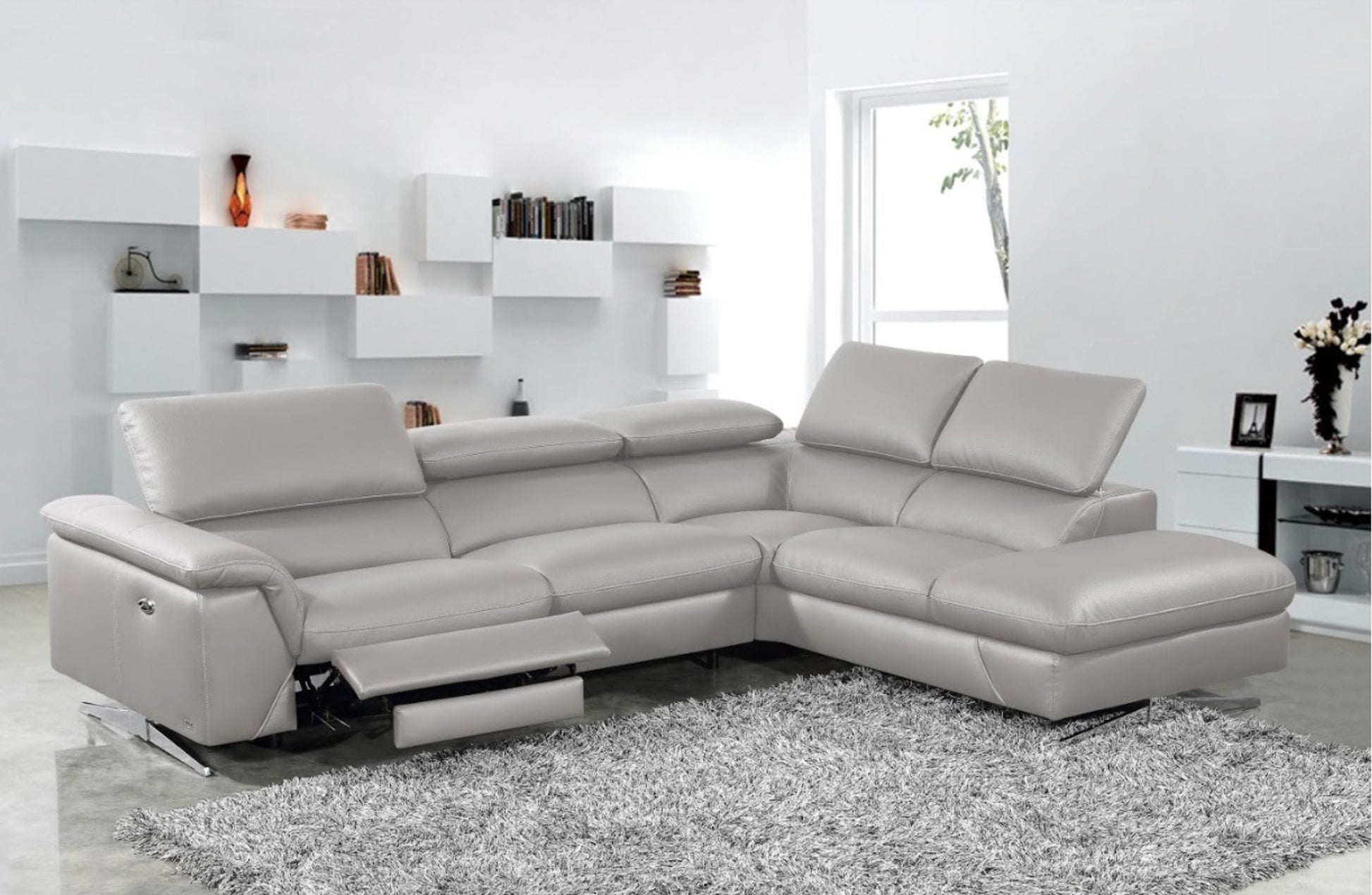Divani Casa Maine - Modern Medium Grey Eco-Leather RAF Chaise Sectional Sofa w/ Recliner-2