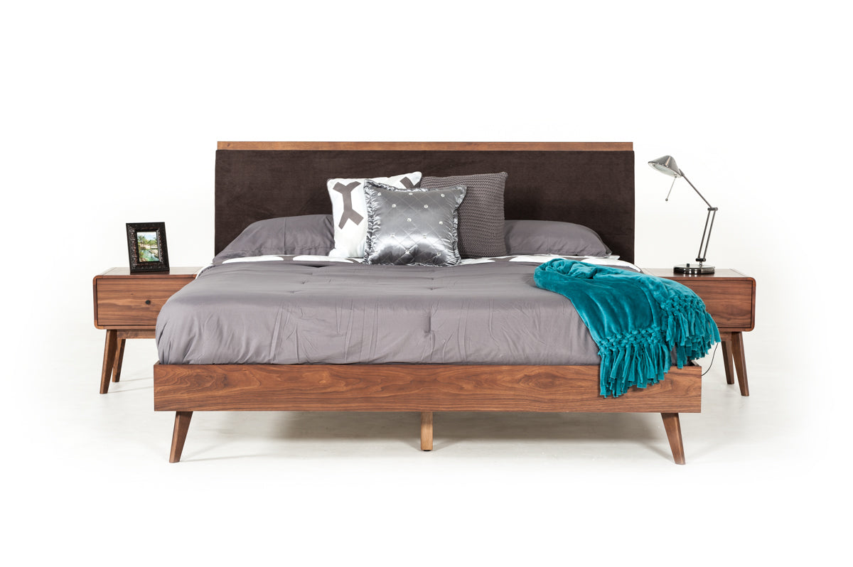 Modrest Marshall Mid-Century Modern Brown Fabric & Walnut Bed | Modishstore | Beds