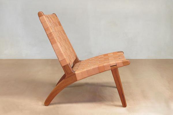 Masaya Leather Woven Lounge Chair- Barley Color Leather & Royal Mahogany Wood | Accent Chairs | Modishstore - 2