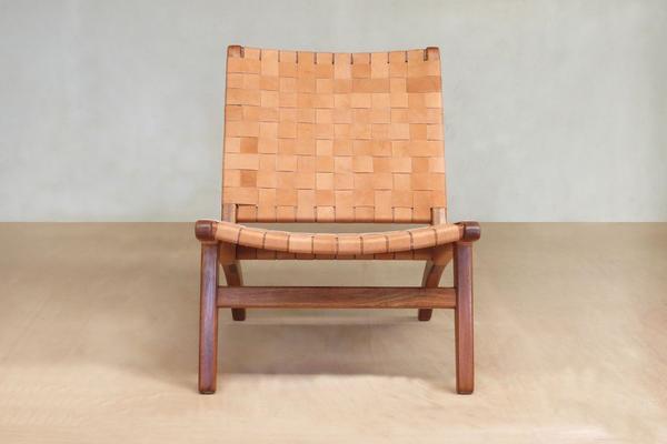 Masaya Leather Woven Lounge Chair- Barley Color Leather & Royal Mahogany Wood | Accent Chairs | Modishstore