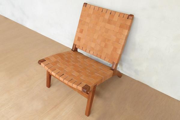 Masaya Leather Woven Lounge Chair- Barley Color Leather & Royal Mahogany Wood | Accent Chairs | Modishstore - 3