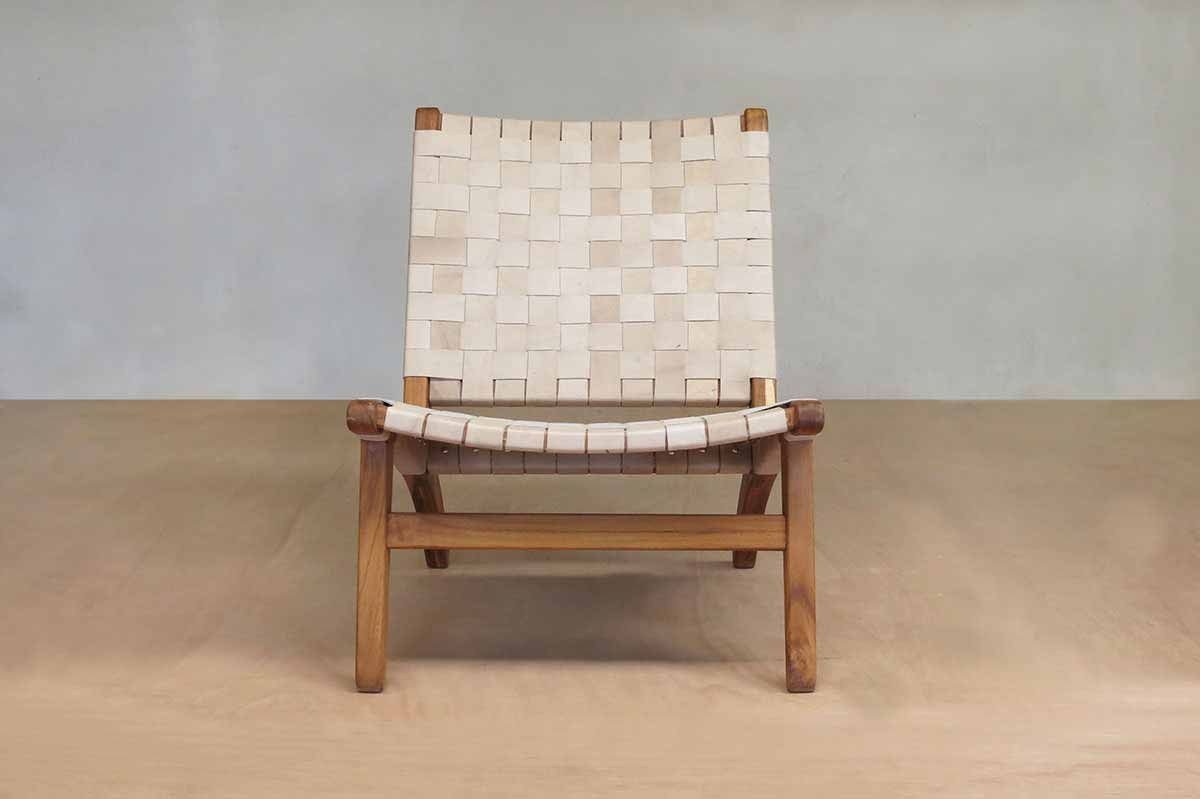 Masaya Leather Woven Lounge Chair- Natural Color Leather & Teak Wood | Accent Chairs | Modishstore - 2