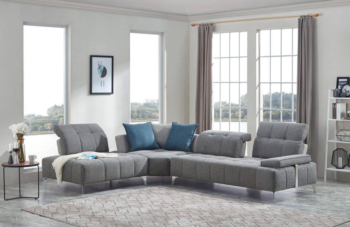 Divani Casa Nash Modern Contemporary Grey Tufted Fabric Sectional Sofa w/ Adjustable Backrest | Modishstore | Sofas