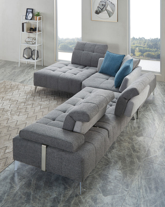 Divani Casa Nash Modern Contemporary Grey Tufted Fabric Sectional Sofa w/ Adjustable Backrest-5