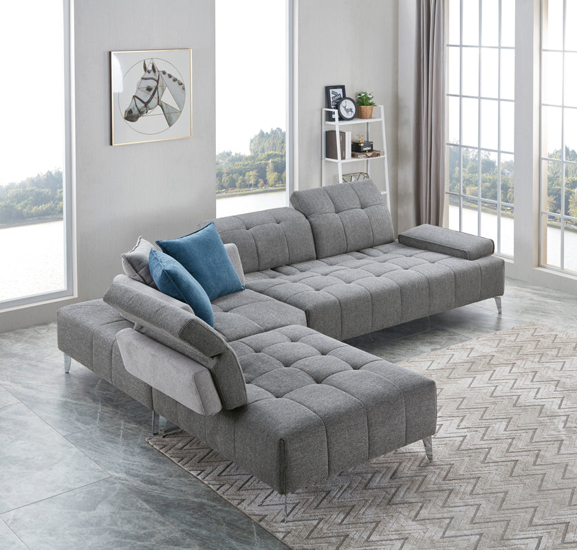 Divani Casa Nash Modern Contemporary Grey Tufted Fabric Sectional Sofa w/ Adjustable Backrest-4