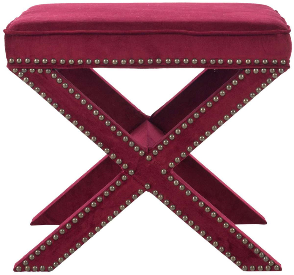 Safavieh Palmer Ottoman - Brass Nail Heads - Red Velvet | Ottomans | Modishstore - 2
