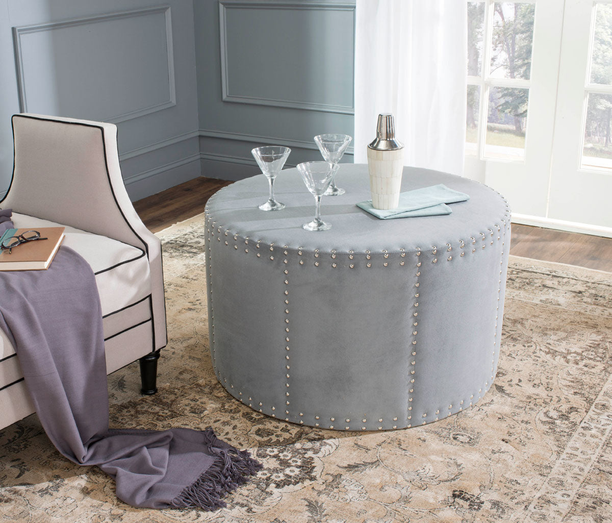 Safavieh Jody Cocktail Ottoman - Silver Nail Heads | Ottomans | Modishstore - 1
