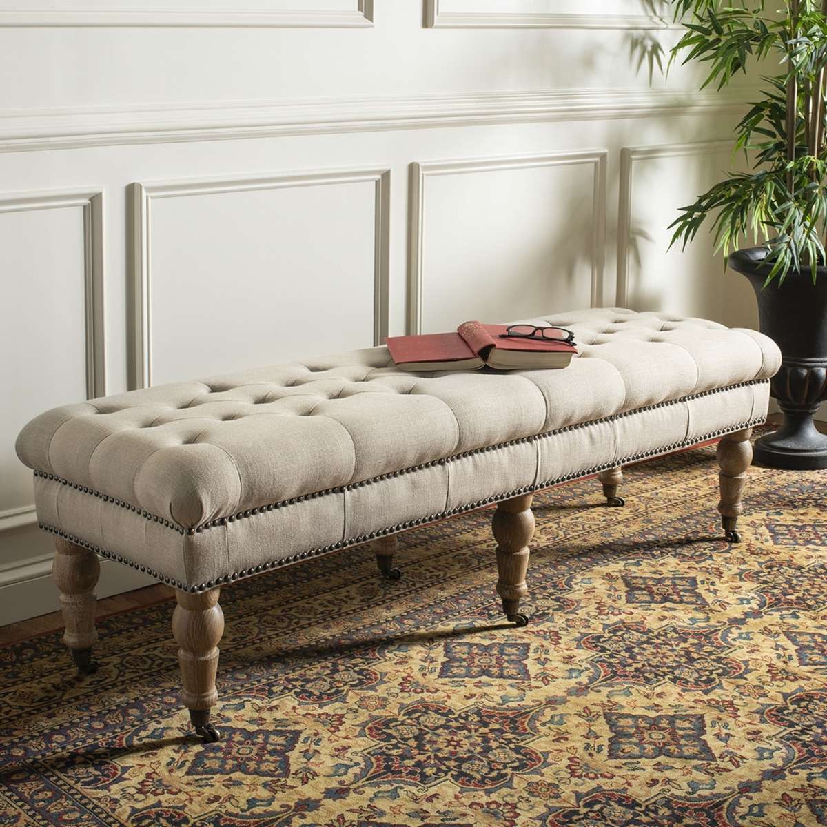 Safavieh Barney Tufted Bench - Brass Nail Heads - True Taupe | Benches | Modishstore