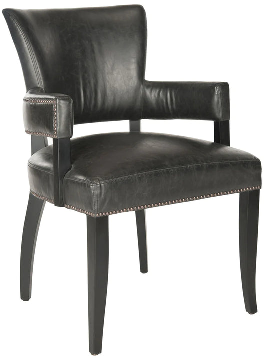 Safavieh Desa 21''H Arm Chair - Brass Nail Heads - Antique Brown | Dining Chairs | Modishstore