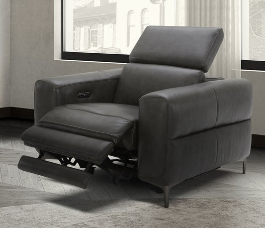 Divani Casa Meadow Dk Grey Leather Electric Recliner Chair with Electric Headrest | Modishstore | Chairs & Recliners
