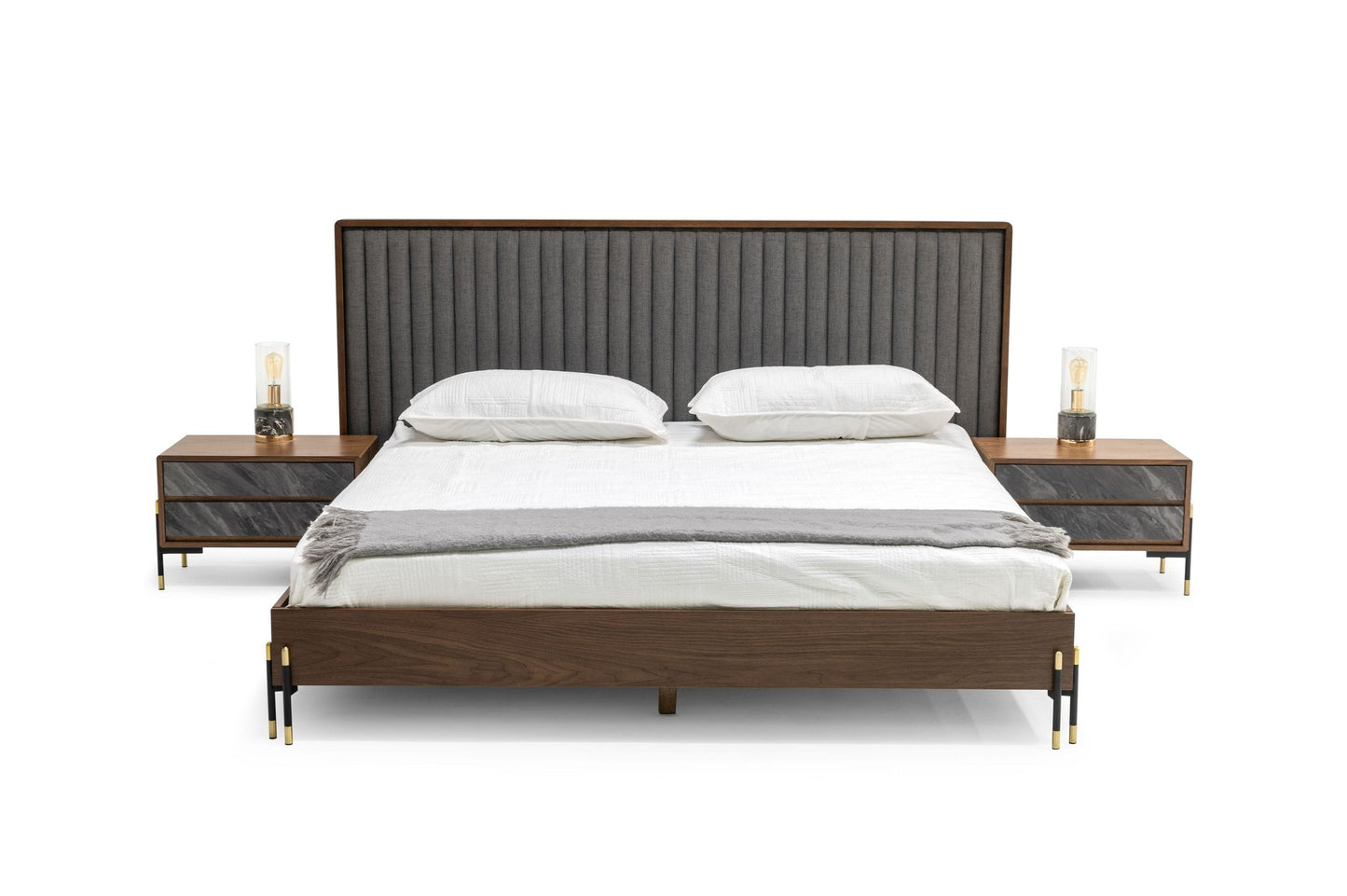 Nova Domus Metcalf - Mid-Century Walnut & Grey Bed w/ Two Nightstands | Beds | Modishstore - 3