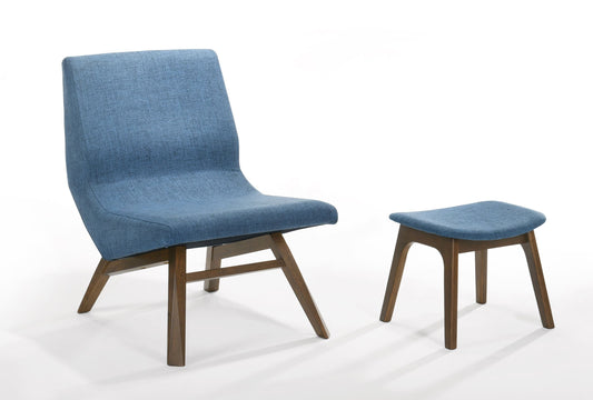 Modrest Whitney - Modern Blue & Walnut Accent Chair & Ottoman | Modishstore | Accent Chairs