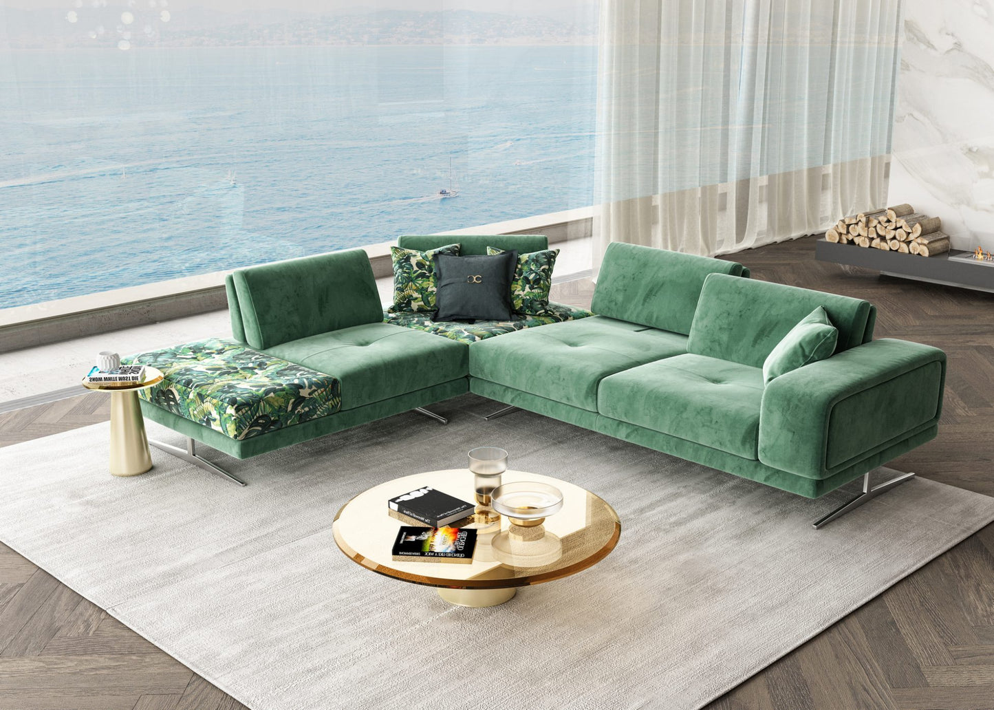Coronelli Collezioni Mood - Contemporary Green Velvet 100" Left Facing Sectional Sofa | Sofas | Modishstore