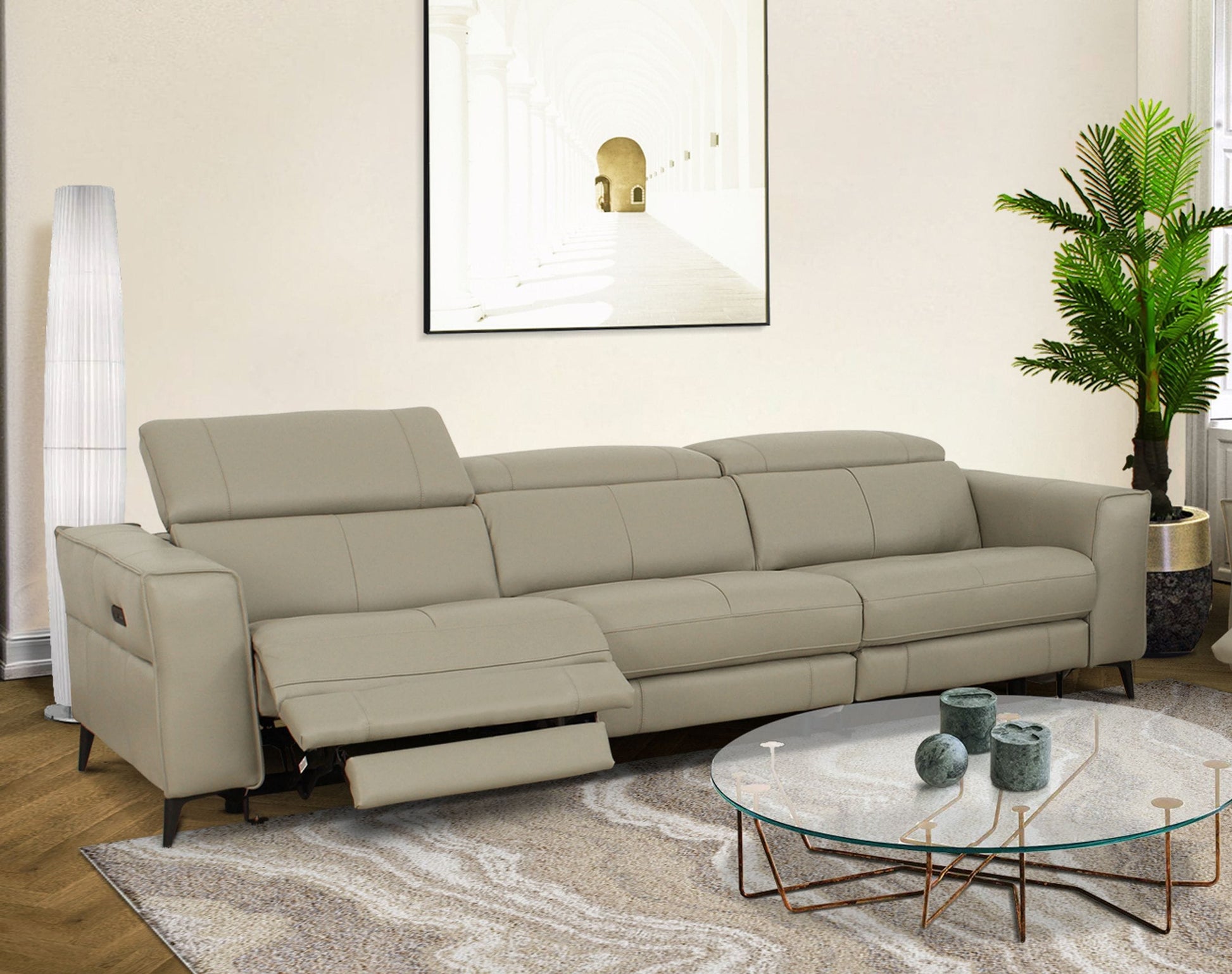 Divani Casa Nella - Modern Light Grey Leather 4-Seater Sofa w/ Electric Recliners-2