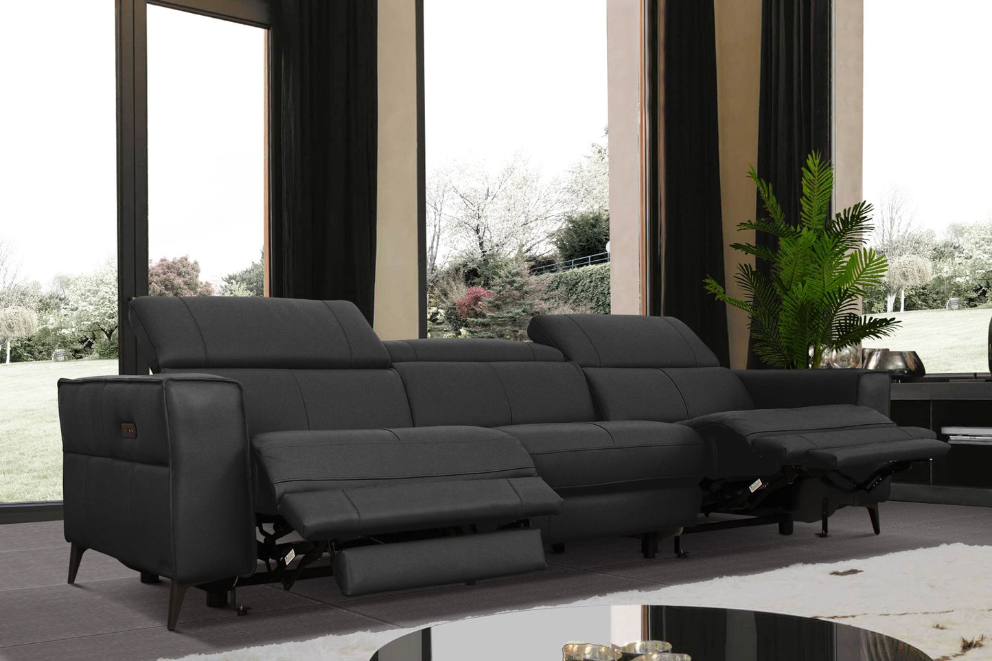 Divani Casa Nella - Modern Black Leather 4-Seater Sofa w/ Electric Recliners-2