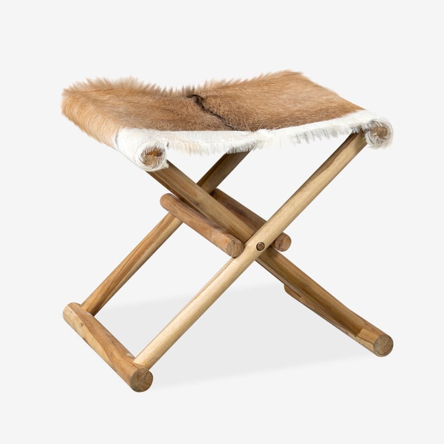 Campaign Folding Stool-Brown & White/Black Leather/Teak Set of 2 by Jeffan | Stools | Modishstore