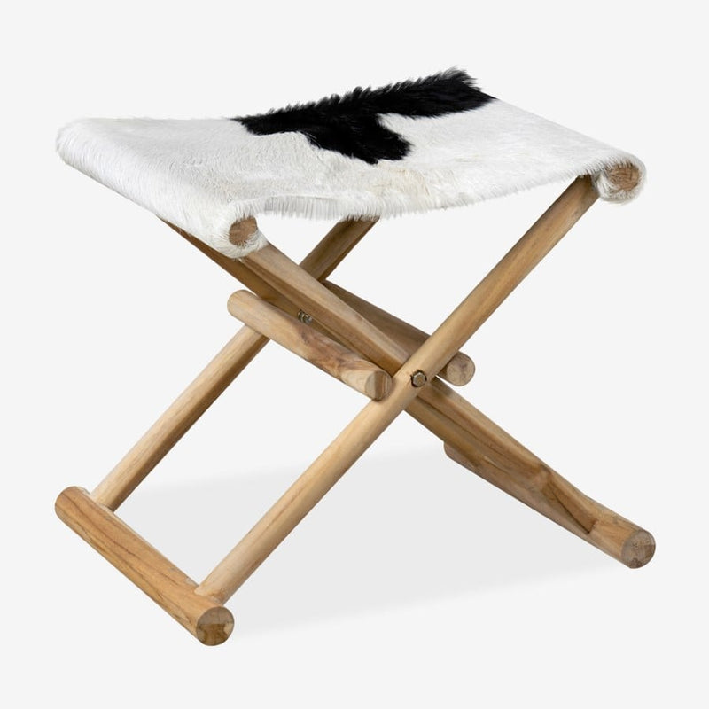 Campaign Folding Stool-Brown & White/Black Leather/Teak Set of 2 by Jeffan | Stools | Modishstore - 2